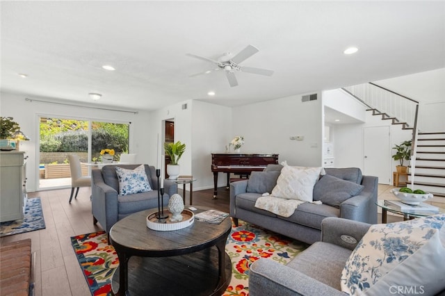 4354 Avenida Prado, Thousand Oaks, CA 91360 - living room with stairway, wood-type flooring, recessed lighting, ceiling fan, and baseboards