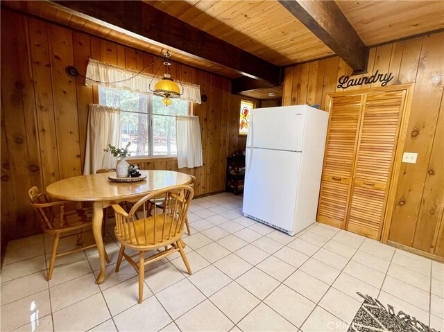 2076 8th Ln, Big Bear City, CA 92314 - dining space featuring wooden walls, wooden ceiling with exposed beams, and light tile patterned floors