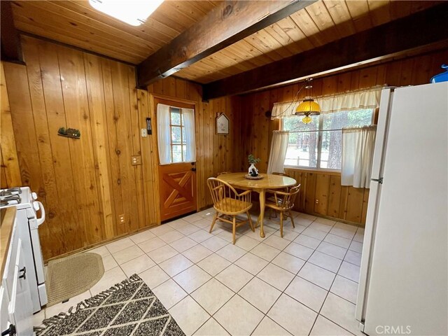 2076 8th Ln, Big Bear City, CA 92314 - dining space with wood ceiling with exposed beams, wood walls, and light tile patterned floors