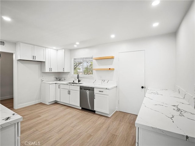 38537 Desert View Dr, Palmdale, CA 93551 - kitchen featuring dishwasher, a sink, white cabinets, light wood-type flooring, and recessed lighting