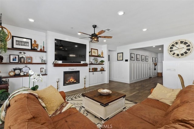 32954 Marin Fields Rd, Winchester, CA 92596 - living room with ceiling fan, wood finished floors, a fireplace, wainscoting, and recessed lighting