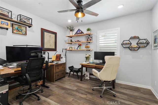 32954 Marin Fields Rd, Winchester, CA 92596 - office area with dark wood-style floors, ceiling fan, recessed lighting, and baseboards