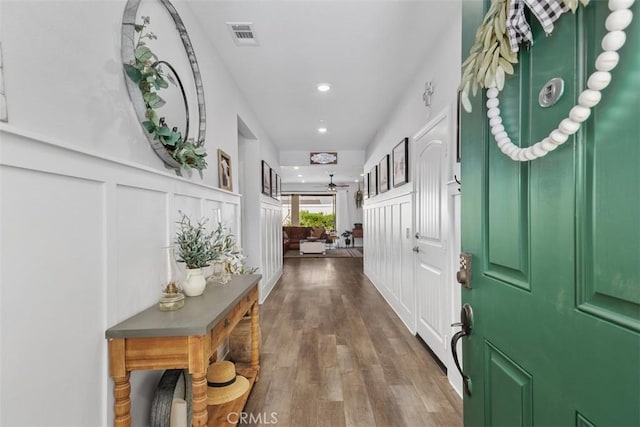 32954 Marin Fields Rd, Winchester, CA 92596 - foyer with wood finished floors, a decorative wall, a ceiling fan, and recessed lighting