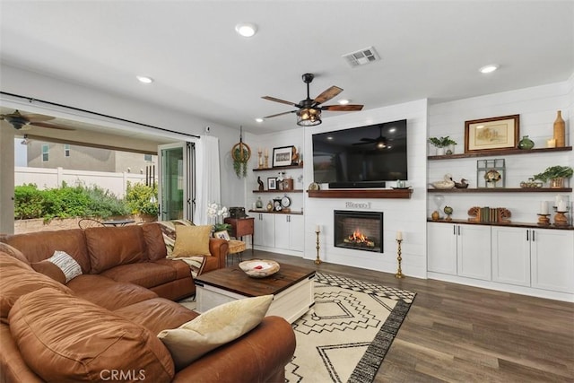 32954 Marin Fields Rd, Winchester, CA 92596 - living area with ceiling fan, dark wood finished floors, a large fireplace, and recessed lighting