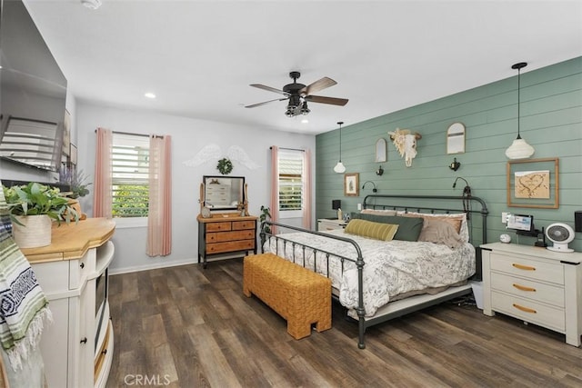32954 Marin Fields Rd, Winchester, CA 92596 - bedroom featuring dark wood-style flooring, recessed lighting, wood walls, a ceiling fan, and baseboards