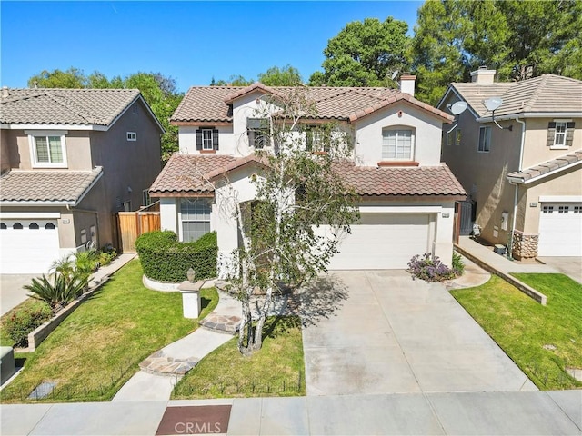 28445 Silverking Trl, Saugus, CA 91390 - mediterranean / spanish-style house with stucco siding, a tiled roof, concrete driveway, an attached garage, and a residential view