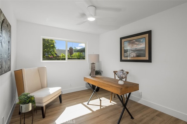 16791 Glenhaven Ln, Huntington Beach, CA 92647 - office area with wood finished floors, baseboards, and a ceiling fan
