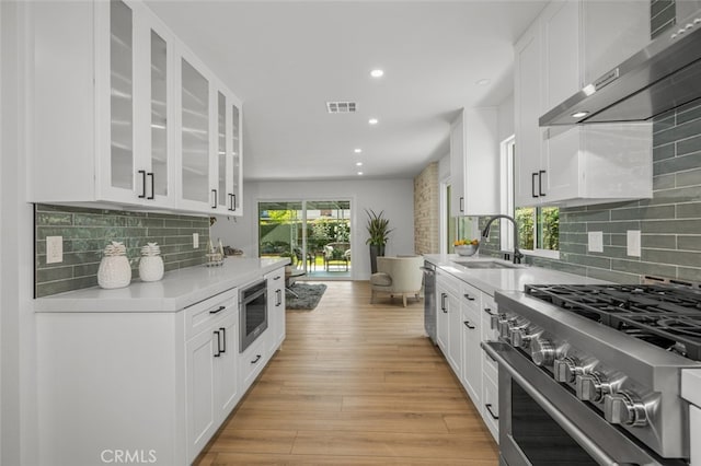 16791 Glenhaven Ln, Huntington Beach, CA 92647 - kitchen with extractor fan, appliances with stainless steel finishes, a sink, light countertops, and tasteful backsplash