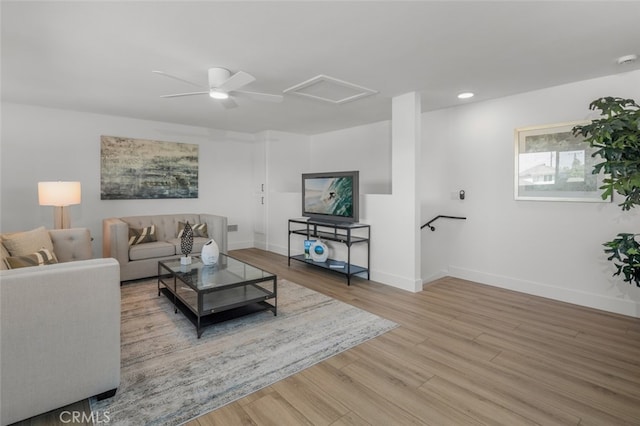 16791 Glenhaven Ln, Huntington Beach, CA 92647 - living room with attic access, wood finished floors, baseboards, a ceiling fan, and recessed lighting