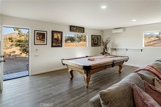 58916 Carmelita Cir, Yucca Valley, CA 92284 - playroom with a wall mounted air conditioner, baseboards, recessed lighting, billiards table, and wood finished floors