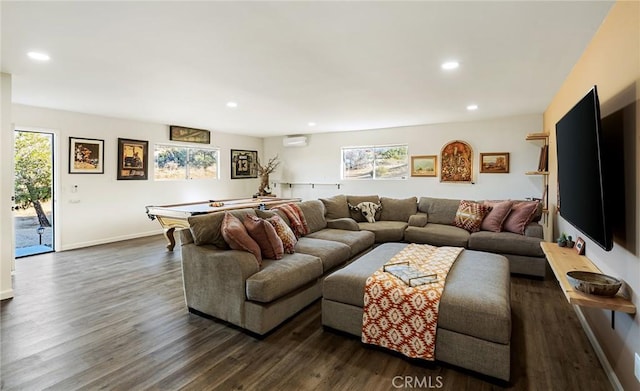 58916 Carmelita Cir, Yucca Valley, CA 92284 - living area featuring dark wood-style flooring, recessed lighting, billiards, a wall mounted air conditioner, and baseboards