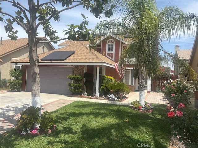 116 Evergreen Pl, Perris, CA 92571 - view of front of house featuring an attached garage, stone siding, driveway, a shingled roof, and roof mounted solar panels