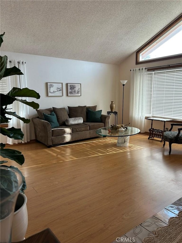 2035 N Spruce Ave, Rialto, CA 92377 - living room with wood finished floors, a textured ceiling, and vaulted ceiling