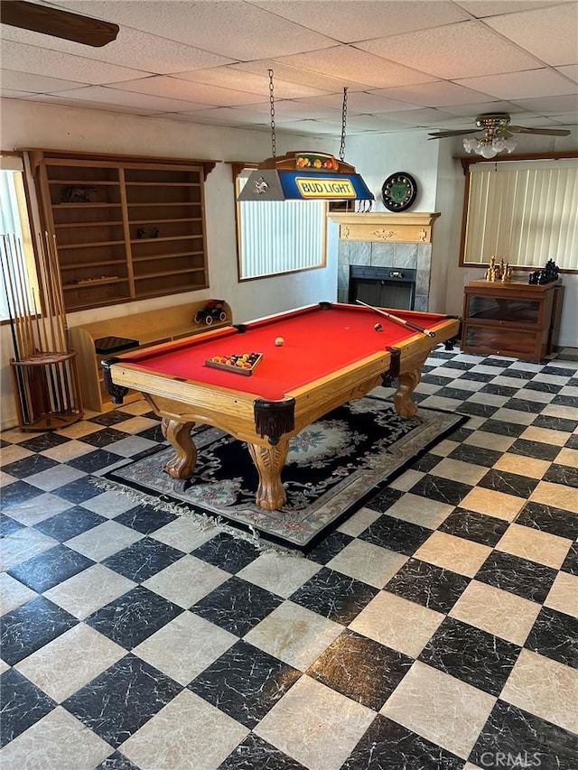 2035 N Spruce Ave, Rialto, CA 92377 - playroom featuring a tile fireplace, pool table, tile patterned floors, and ceiling fan