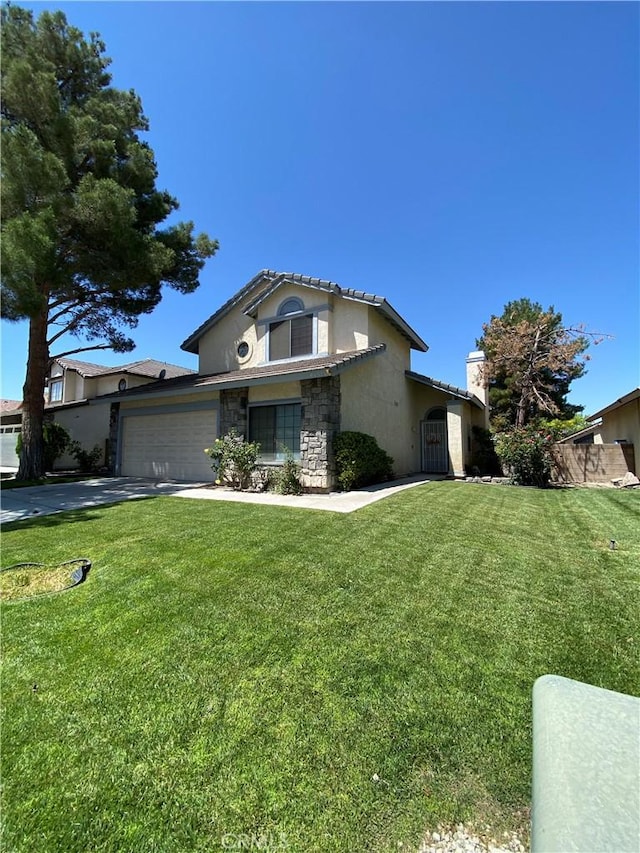 43321 Cottage Ln, Lancaster, CA 93536 - view of front facade with stucco siding, an attached garage, and a front lawn