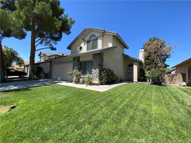 43321 Cottage Ln, Lancaster, CA 93536 - view of front of home featuring stucco siding, stone siding, a garage, concrete driveway, and a chimney