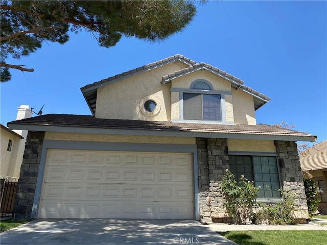 43321 Cottage Ln, Lancaster, CA 93536 - view of front of home featuring stone siding, stucco siding, driveway, and a tiled roof