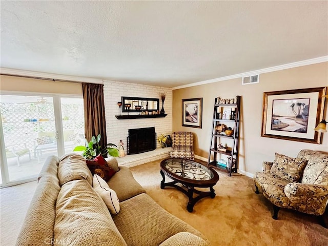 21161 Rancherias Rd, Apple Valley, CA 92307 - living area featuring light carpet, crown molding, a brick fireplace, baseboards, and a textured ceiling