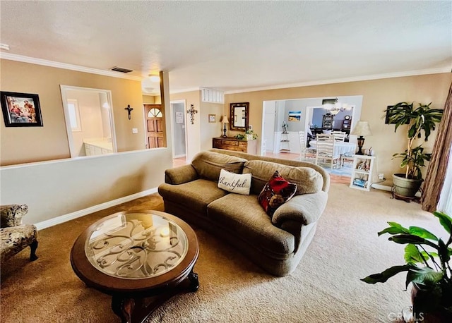 21161 Rancherias Rd, Apple Valley, CA 92307 - carpeted living room with ornamental molding, baseboards, and a textured ceiling