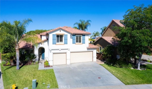 44035 Cindy Cir, Temecula, CA 92592 - mediterranean / spanish-style home with an attached garage, stucco siding, a tile roof, driveway, and a front yard