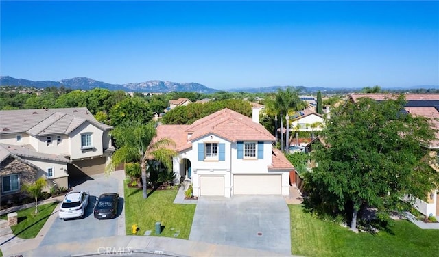 44035 Cindy Cir, Temecula, CA 92592 - view of front of house featuring stucco siding, a garage, concrete driveway, a front lawn, and a tiled roof