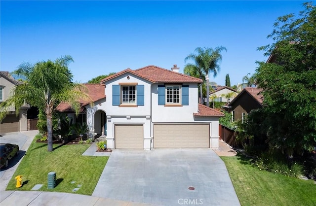 44035 Cindy Cir, Temecula, CA 92592 - mediterranean / spanish-style home featuring an attached garage, a chimney, a tile roof, stucco siding, and driveway