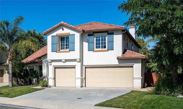 44035 Cindy Cir, Temecula, CA 92592 - mediterranean / spanish-style home featuring a garage, a tiled roof, stucco siding, and driveway