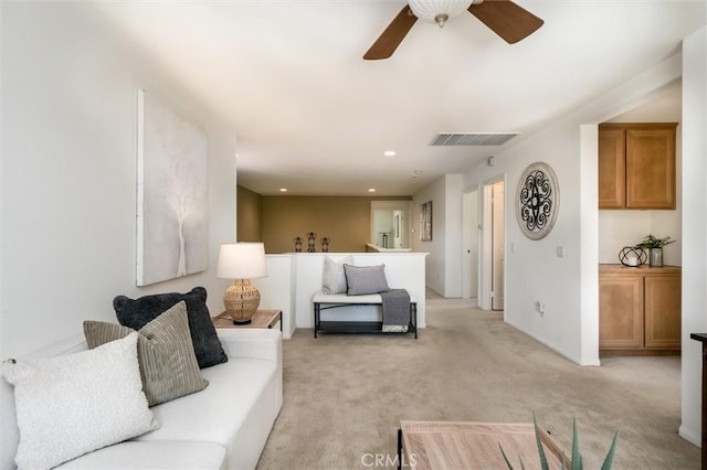44035 Cindy Cir, Temecula, CA 92592 - living room featuring light carpet, a ceiling fan, and recessed lighting