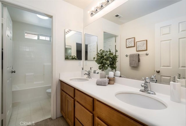 44035 Cindy Cir, Temecula, CA 92592 - full bath featuring double vanity, tile patterned flooring, and  shower combination