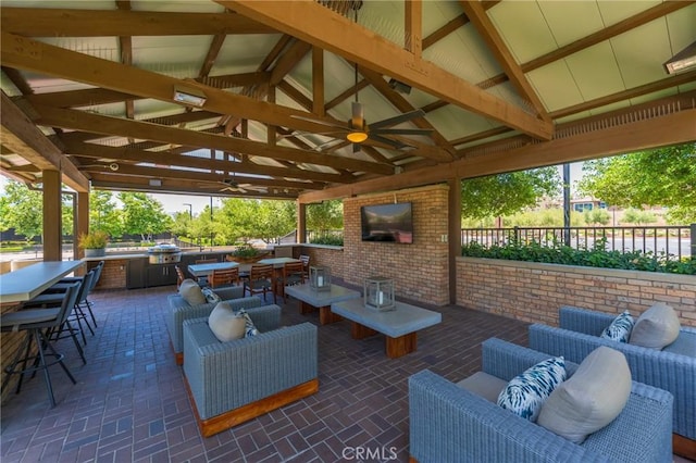 11986 Sagecrest Ct, Corona, CA 92883 - view of patio featuring a gazebo, an outdoor hangout area, an outdoor kitchen, and a ceiling fan