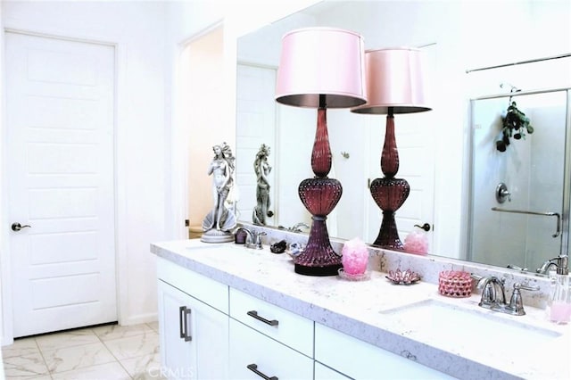 11986 Sagecrest Ct, Corona, CA 92883 - bathroom featuring double vanity, a shower stall, and marble look tile flooring