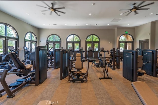 11986 Sagecrest Ct, Corona, CA 92883 - gym with healthy amount of natural light, carpet flooring, recessed lighting, and ceiling fan