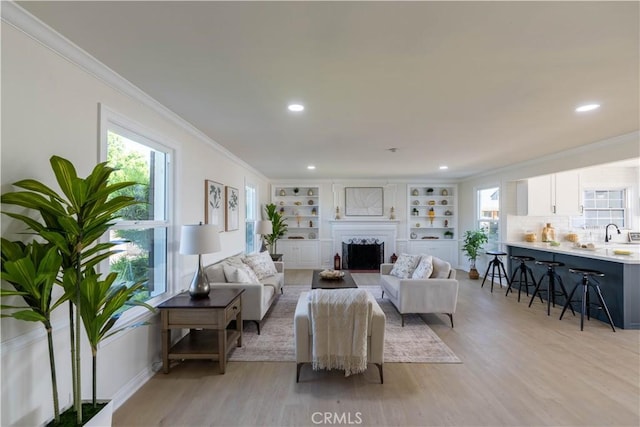1748 Prince Albert Dr, Riverside, CA 92507 - living area with crown molding, light wood-style floors, a fireplace, and recessed lighting