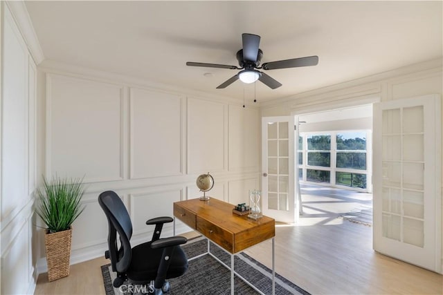 1748 Prince Albert Dr, Riverside, CA 92507 - office space with a decorative wall, french doors, light wood finished floors, and ceiling fan