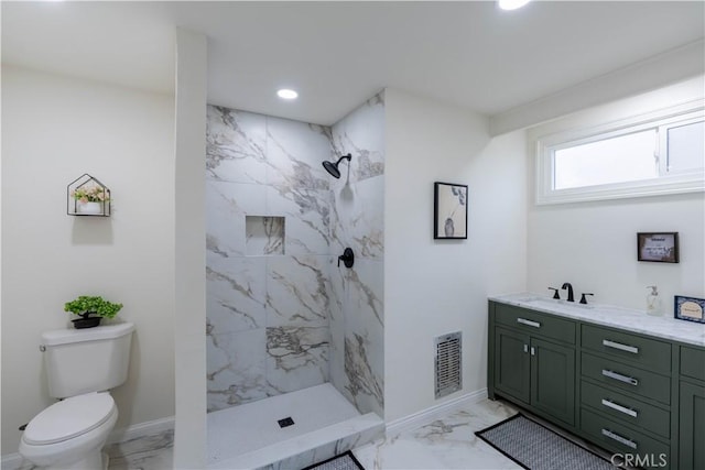 1748 Prince Albert Dr, Riverside, CA 92507 - full bath with marble finish flooring, a marble finish shower, toilet, vanity, and recessed lighting