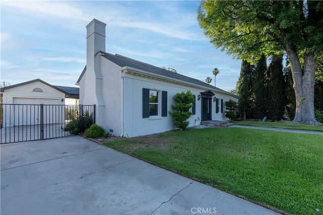 1748 Prince Albert Dr, Riverside, CA 92507 - ranch-style home with a front yard, a garage, a chimney, concrete driveway, and an outbuilding