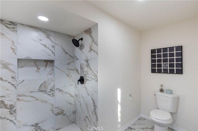1748 Prince Albert Dr, Riverside, CA 92507 - full bathroom with marble look tile flooring, a marble finish shower, toilet, baseboards, and recessed lighting
