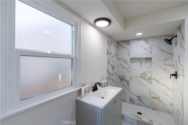 1748 Prince Albert Dr, Riverside, CA 92507 - full bath featuring a marble finish shower, vanity, and recessed lighting
