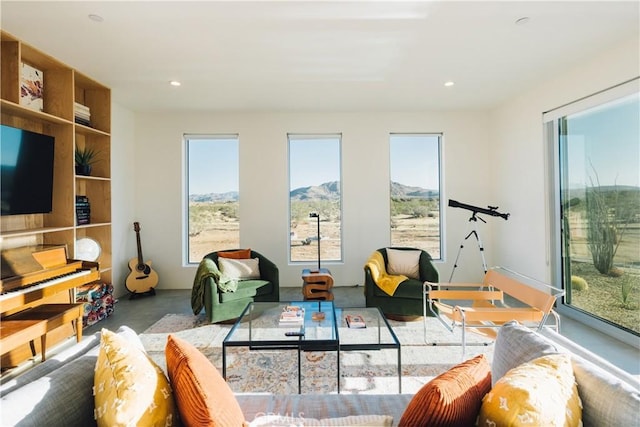 2600 Sunny Vista Rd, Joshua Tree, CA 92252 - living room featuring finished concrete floors, plenty of natural light, recessed lighting, and a mountain view