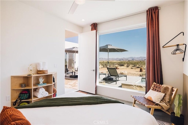 2600 Sunny Vista Rd, Joshua Tree, CA 92252 - bedroom featuring a ceiling fan and a mountain view