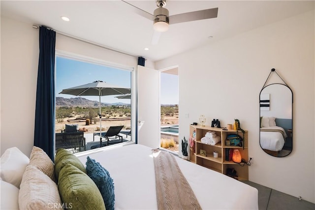 2600 Sunny Vista Rd, Joshua Tree, CA 92252 - bedroom with access to exterior, a mountain view, a ceiling fan, and recessed lighting