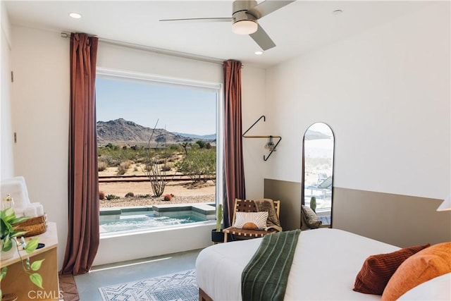 2600 Sunny Vista Rd, Joshua Tree, CA 92252 - bedroom featuring a mountain view, recessed lighting, and a ceiling fan