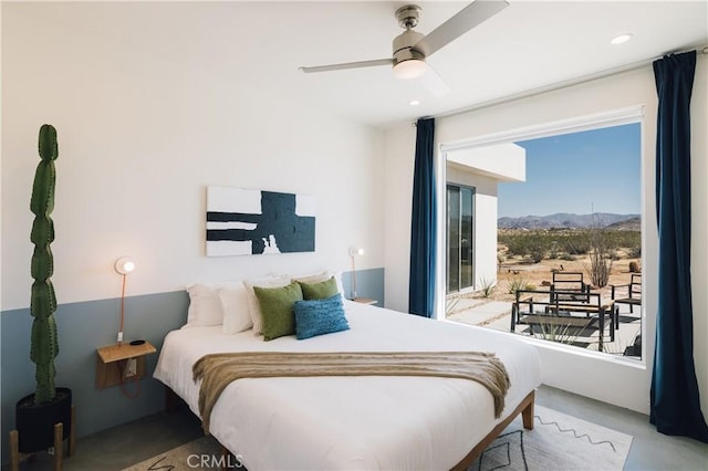 2600 Sunny Vista Rd, Joshua Tree, CA 92252 - bedroom with a mountain view, ceiling fan, and recessed lighting