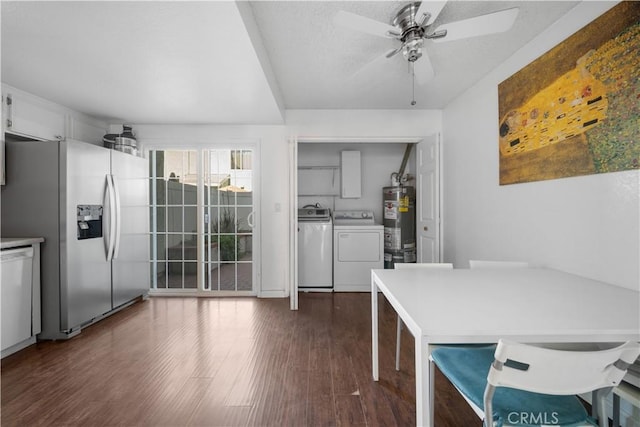 5640 Riverside Dr Unit 119, Chino, CA 91710 - kitchen with stainless steel refrigerator with ice dispenser, water heater, separate washer and dryer, dark wood-style flooring, and a ceiling fan