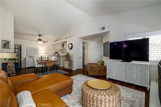 26629 Calle Gregorio, Menifee, CA 92585 - living area featuring lofted ceiling, ceiling fan, and wood finished floors