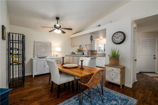 26629 Calle Gregorio, Menifee, CA 92585 - dining area with vaulted ceiling, ceiling fan, wood finished floors, and baseboards