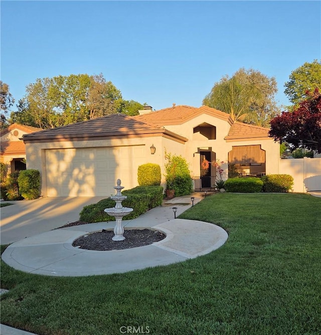 26629 Calle Gregorio, Menifee, CA 92585 - view of front facade with an attached garage, a front yard, stucco siding, concrete driveway, and a tiled roof