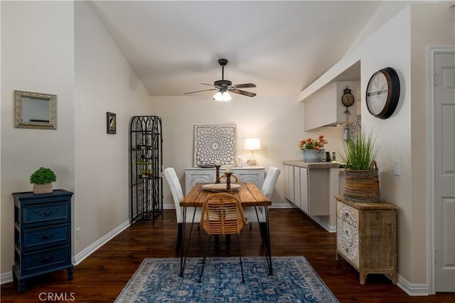 26629 Calle Gregorio, Menifee, CA 92585 - dining room featuring a ceiling fan, dark wood-type flooring, vaulted ceiling, and baseboards