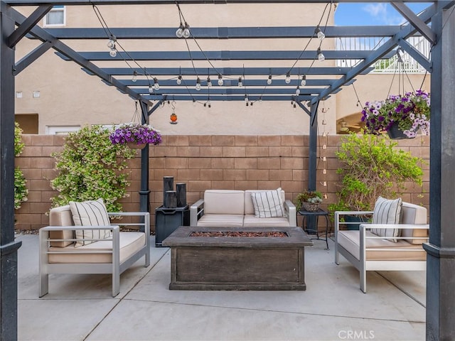 13290DR Country Club Dr, Victorville, CA 92395 - fenced backyard featuring a pergola, a patio area, and an outdoor living space with a fire pit