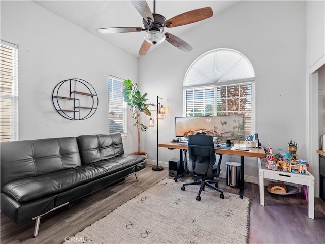 13290DR Country Club Dr, Victorville, CA 92395 - office area featuring wood finished floors, a ceiling fan, baseboards, and lofted ceiling
